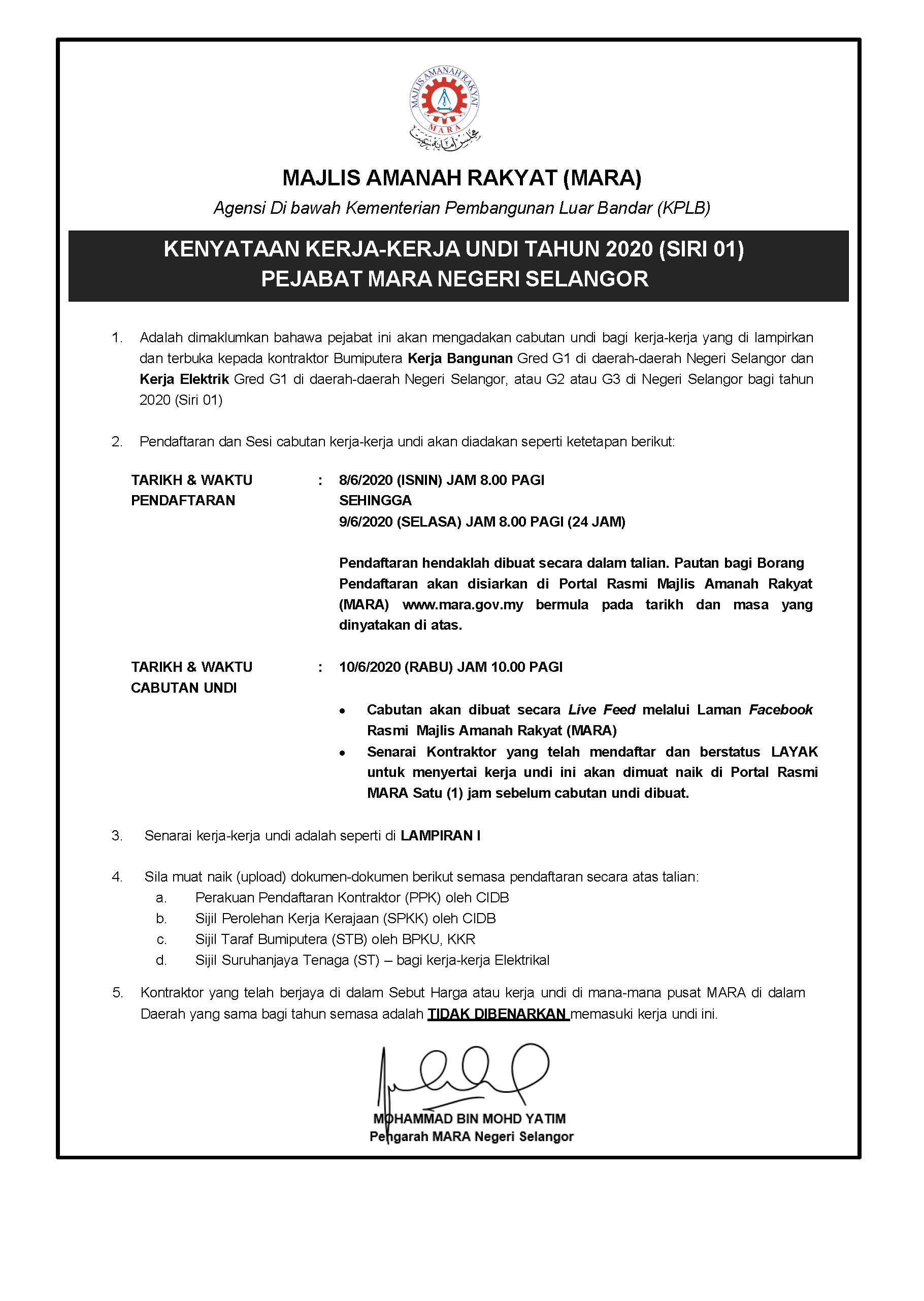 KENYATAAN KERJA-KERJA UNDI TAHUN 2020 (SIRI 01) PEJABAT MARA 